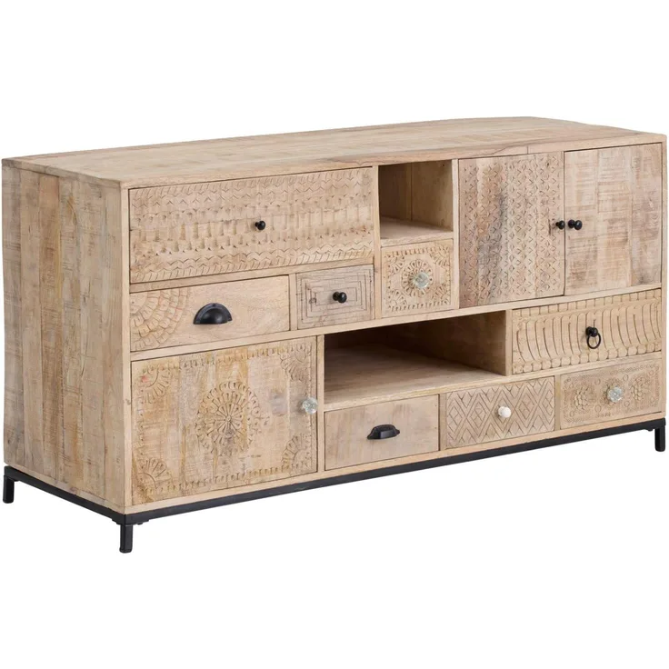Waschtisch Laos 146x76x50 cm aus massivem Mangoholz – Doppelwaschtisch ohne Waschbecken, rustikaler Waschbeckenunterschrank mit Schublade & Türen