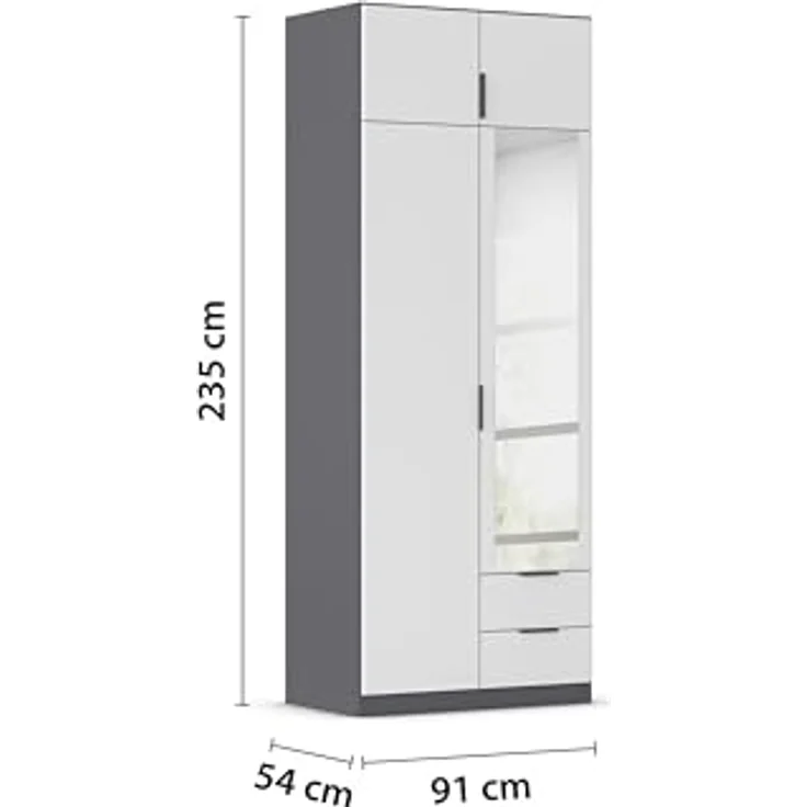 Rauch Möbel Lagoa, Kleiderschrank, Garderobe für Schlafzimmer, Kinderzimmer, Jugendzimmer 4-türig, mit Spiegel, 2 Schubladen, mit Zubehör Classic, Farbe Weiß /Grau metallic, Schwarz, Breite 91 – Bild 4