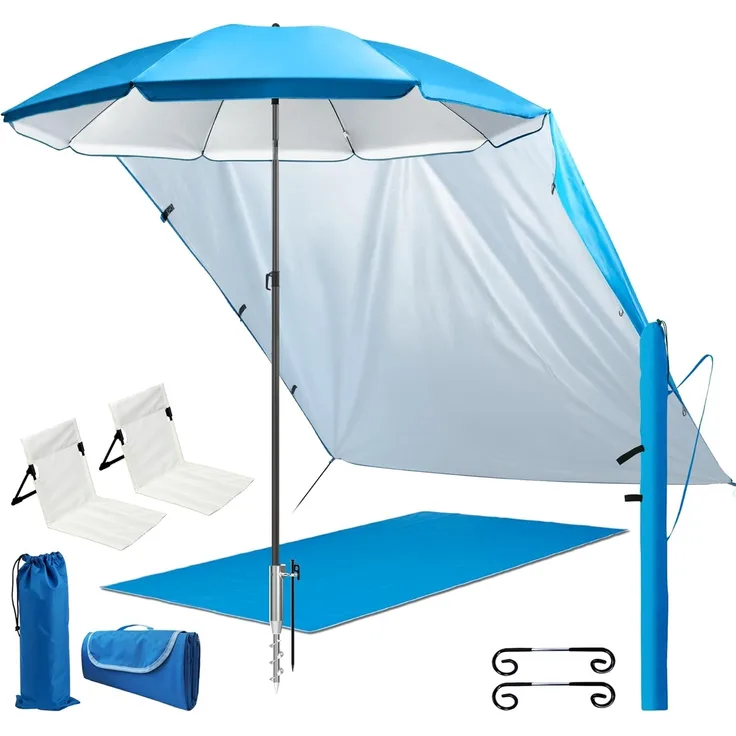 4smile Sonnenschirm 6er-Set in Blau, Sonnenschirm Strand Ø 200 cm, bequeme Strandliege, stabiler Rasendorn, Sonnensegel Strand, leichte Stranddecke(1,5x2 m), Schirmhülle
