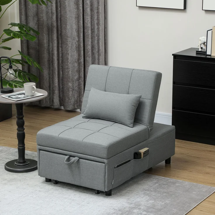 3-in-1 Klappsessel mit Seitentasche, Gästebett mit Kissen, verstellbarer Rückenlehne, Bettsessel mit Rollen, Hellgrau--Hellgrau--104x65.5x81cm--YOUDENOVA – Bild 3