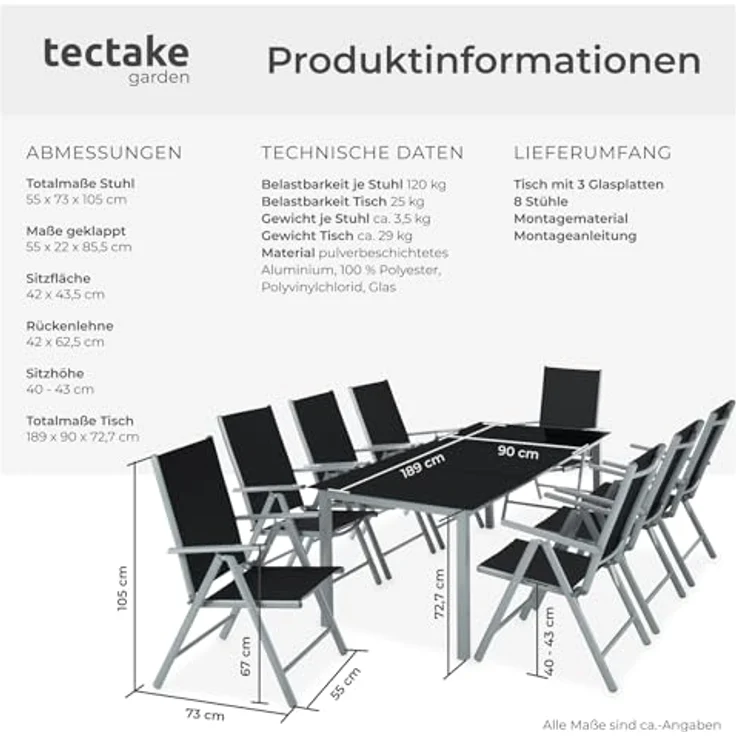 tectake® Aluminium Sitzgruppe 8+1, Gartenmöbel Set mit Stuhl und Tisch, klappbare Gartenstühle, Gartentisch mit Sicherheitsglas, wetterfeste Terrassenmöbel, für Garten Terrasse Balkon - Silber – Bild 7