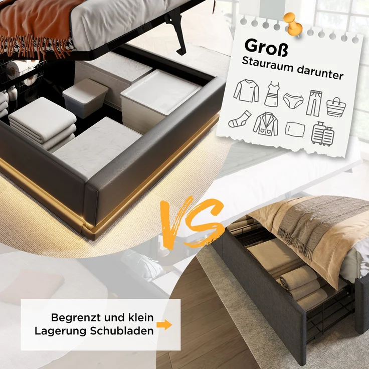 Polsterbett 90x200 cm Schwarz mit 3-seitiger LED-Beleuchtung, Wingback Kopfteil & USB Typ-C Ladefunktion,hydraulischer Stauraum – Bild 8