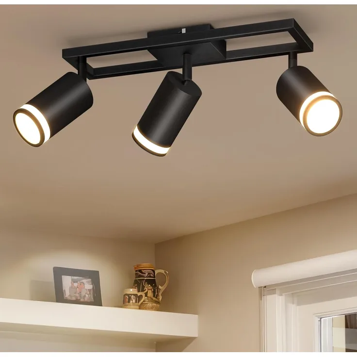 Dehobo LED Deckenstrahler 3 Flammig Schwarz GU10, Deckenlampe Strahler Schwenkbar 350°, Deckenspots für Küche Schlafzimmer Wohnzimmer, Nein Leuchtmittel