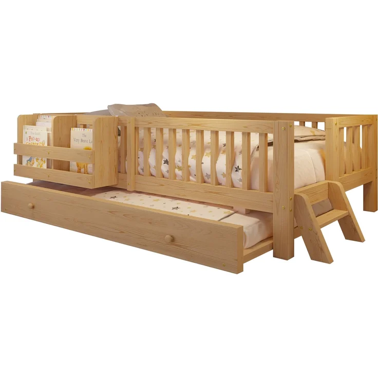 ZUBALIYA Holzbett 90 x 200 cm – Ausziehbett, flexible Montage, Geländer, MDF, Kiefer, Holzfarbe – Bild 5