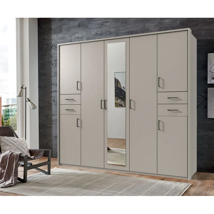 Drehtürenschrank Kleiderschrank 228cm Passep. Spiegel Beige Grau Griffe schwarz – Bild 3