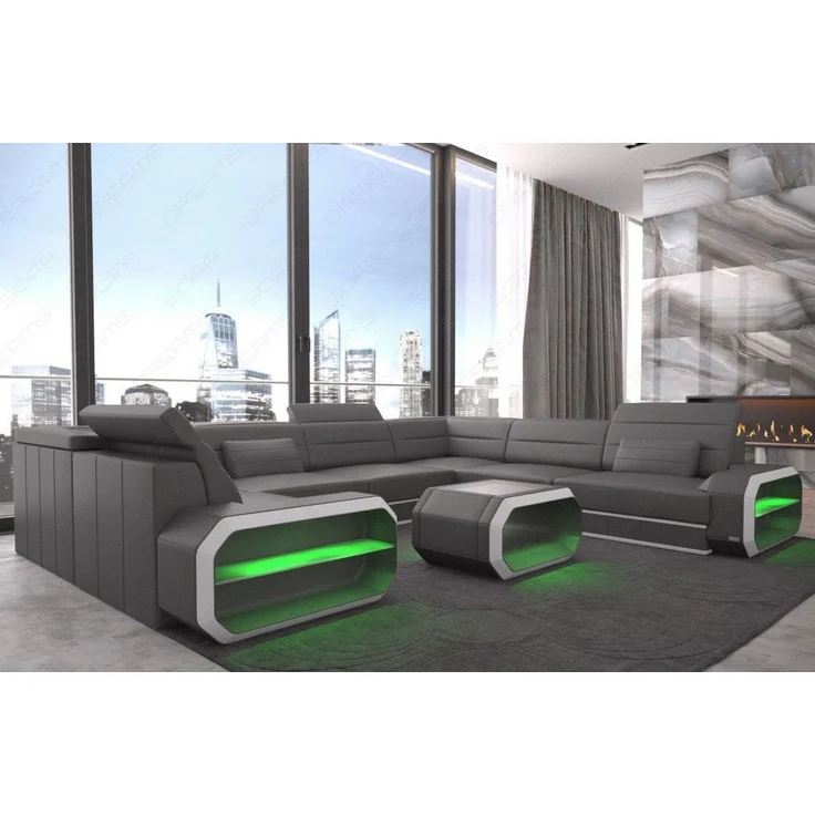 Leder Wohnlandschaft Verona U-Form – Komfort - Echtleder - grau-weiß - Rechts – Bild 3