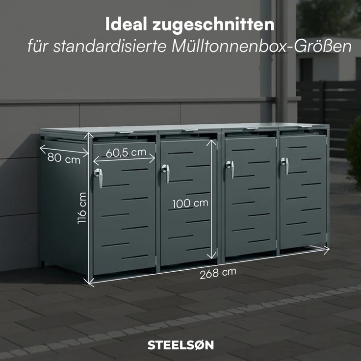 STEELSØN 'Diorus' Mülltonnenbox 4er je 240 Liter, anthrazit, Mülltonnenverkleidung aus Stahl mit Sichtstreifen, wetterfest, 116x80x268 cm, abschließbare Müllbox für 4 Tonnen – Bild 6
