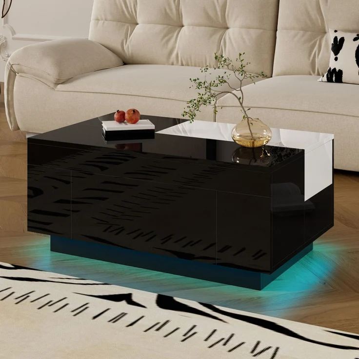 Merax Hochglanz-Couchtisch mit LED-Beleuchtung, ausziehbarer Tischplatte, verstecktem Stauraum und 16-farbig einstellbarem Lichtband, schwarz – Bild 2
