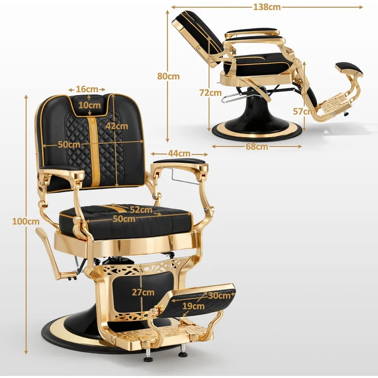 Barberpub Friseurstuhl mit Kopfstütze Kippbar, Friseureinrichtung mit Hydraulikpumpe 360° Drehbar, Höhenverstellbarer Bedienungsstuhl mit Vintage Stil, Barber Stuhl Kunstleder, 2965 (Gold-Schwarz) – Bild 2