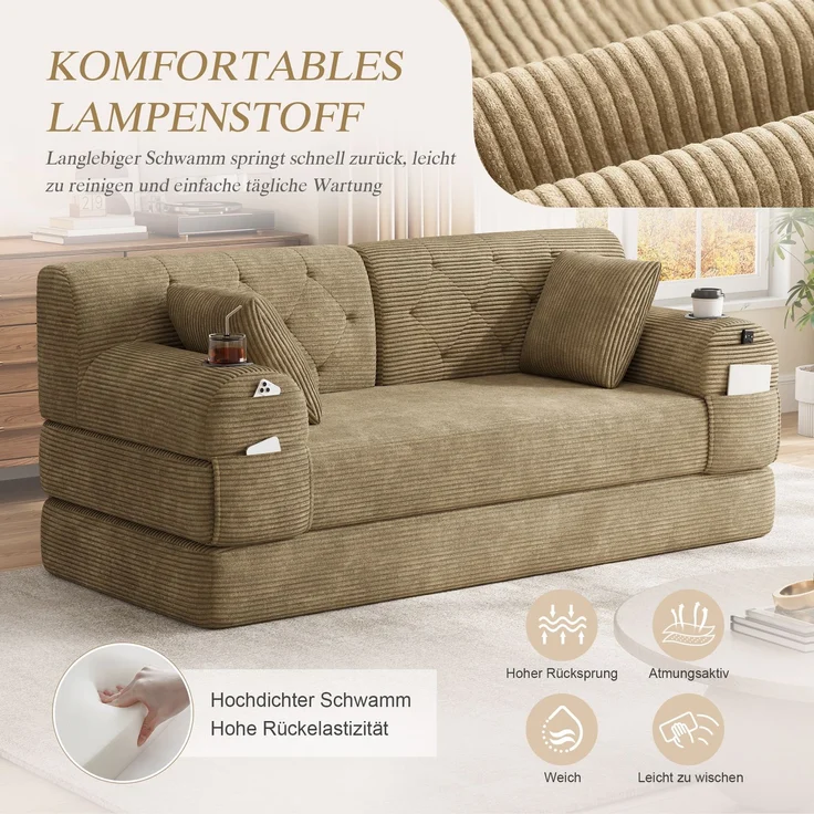 TavilaEcon 2-Sitzer Schlafsofa, komprimiertes Cord Sofa mit hoher Rückenlehne khaki 81 × 80 × 168 cm (H × T × B) – Bild 8