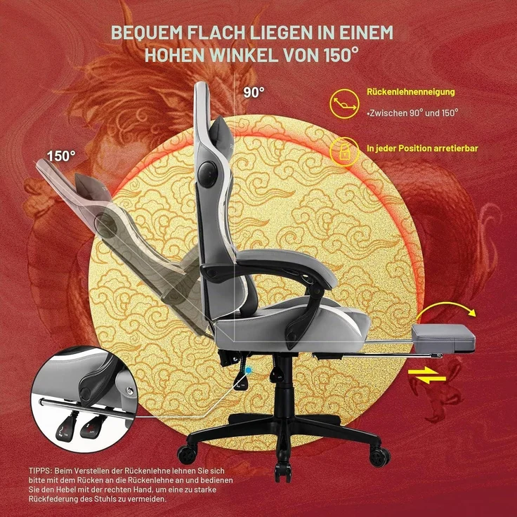 GTPLAYER Gaming Stuhl Gamer Stuhl mit Bluetooth-Lautsprechern und Fußstütze, Dragon Series Bürostuhl, Ergonomischer Drehsessel, Computerstuhl 150KG, grau – Bild 6