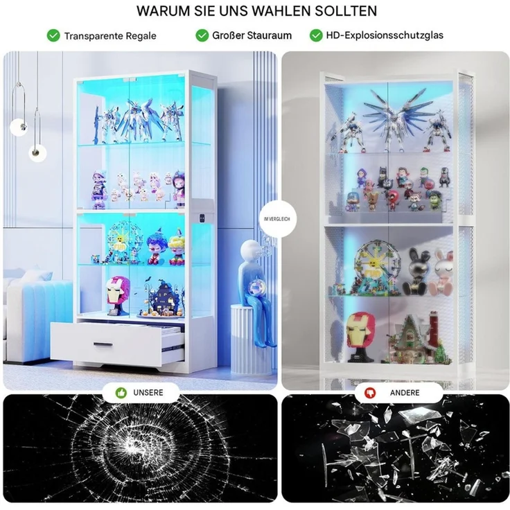 Glasvitrine 75x35x164.5 cm, 4-stöckige Vitrine mit Schublade, LED-Beleuchtung und Bewegungssensor, Weiß – Bild 7