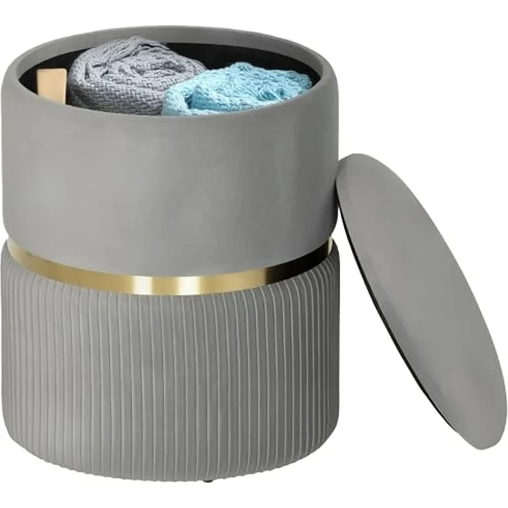 HOMCOM Sitzhocker Polsterhocker mit Samtoptik (Runder Hocker, 1 St, Polsterhocker), für Wohnzimmer, Schlafzimmer, Hellgrau – Bild 1