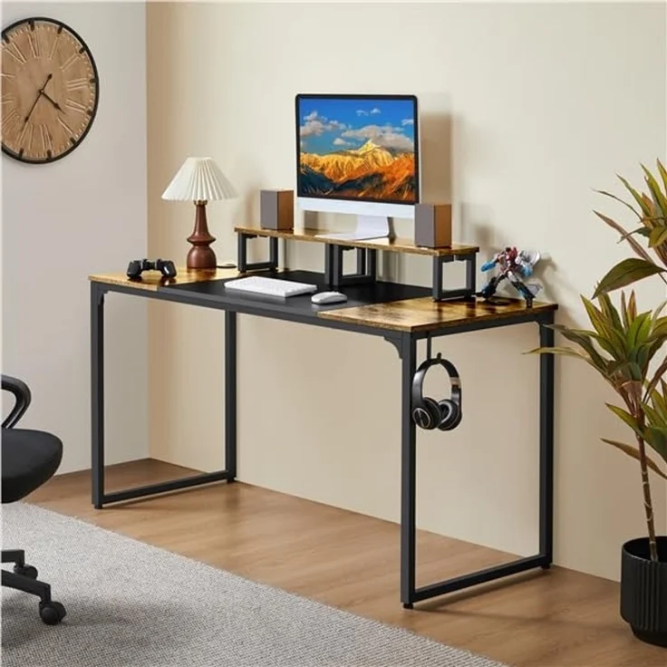Yaheetech Schreibtisch Computertisch, Arbeitstisch Lerntisch mit 2 Motorhalterung/2 Kabeldurchführungen/1 Kopfhörerhaken, 140 × 60 × 89,5 cm, Rustikales Braun – Bild 2