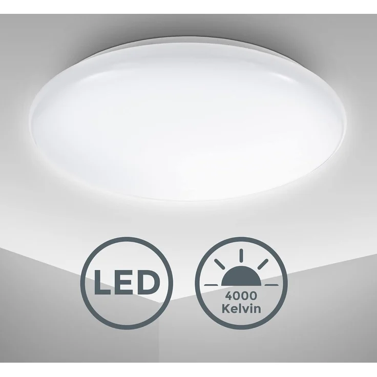B. K. Licht - Deckenlampe mit neutralweißer Lichtfarbe, 12 Watt, 1200 Lumen, LED Deckenleuchte, LED Lampe, Wohnzimmerlampe, Schlafzimmerlampe, Küchenlampe, Deckenbeleuchtung, 27,8x6,5 cm, Weiß – Bild 2