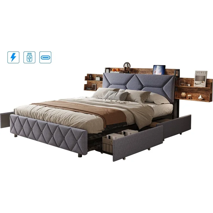 FUROKOY Stauraumbett Doppelbett Polsterbett mit Schubladen (Bettgestell, 1-tlg, Jugendbett Mit Kopfteil und Lattenrost), 140x200 cm,Schubladen mit Rädern,Leinenmaterial,Grau