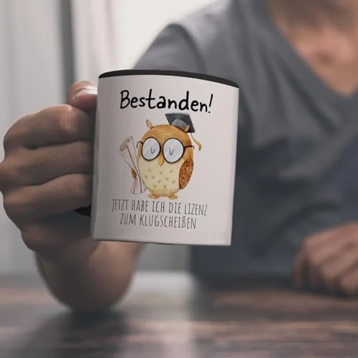 speecheese Tasse Bestandene Prüfung Eule Kaffeebecher in schwarz mit Spruch Lizenz zum – Bild 6