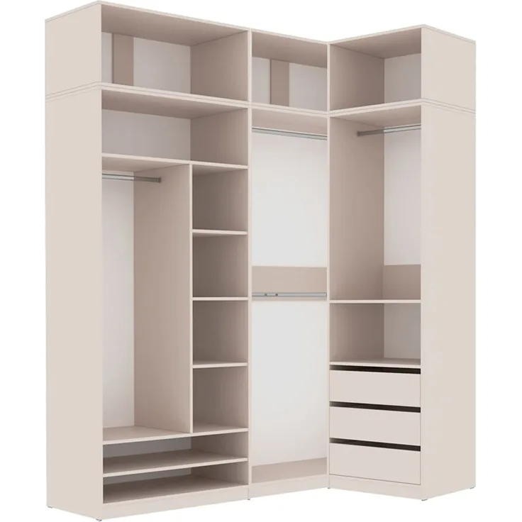 Marmex Möbel Tres Set-P/N Großer, hoher, offener Kleiderschrank mit Aufsatz, Einbauschrank über Eck mit Regalen und Kleiderstangen, laminierte Spanplatte, graubeige cashmere 190/111x246x51 cm
