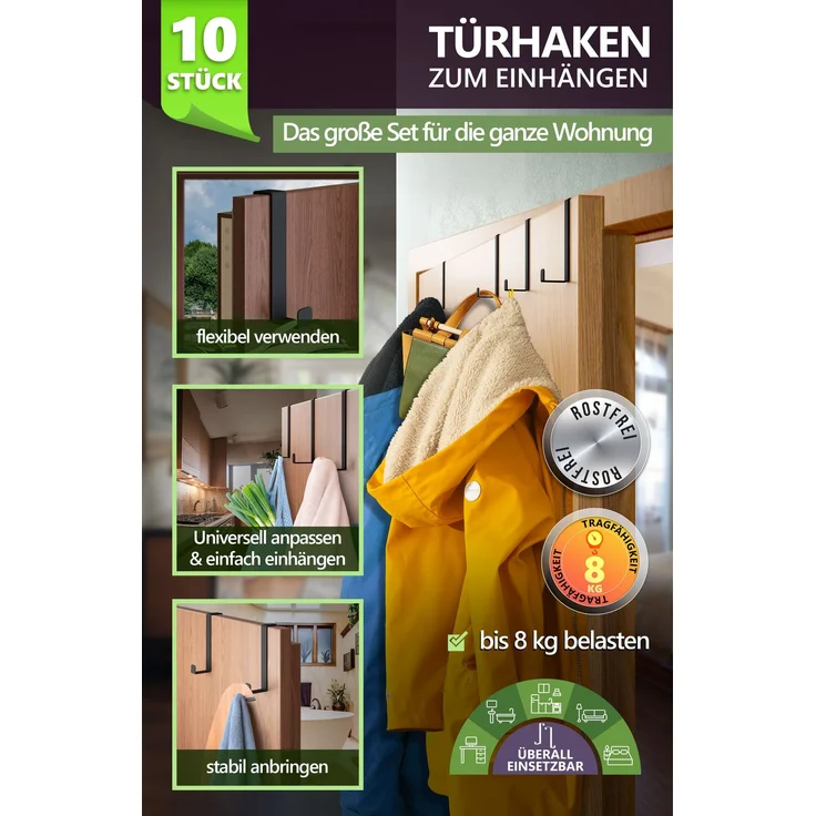 Aurelia Home Türhaken zum Einhängen, 10er-Set, Schwarz – ohne Bohren, bis 8 kg – Bild 2