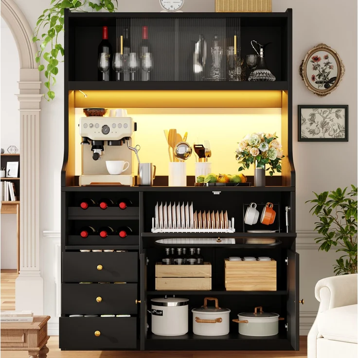 Küchenhochschrank 120x40x180 cm in Schwarz mit RGB-LED, Glasschiebetüren, Weinregal und 3 Schubladen – Bild 4