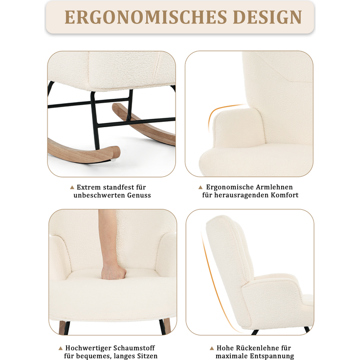 GOEURVANT 5006 Schaukelstuhl mit Hocker (Relaxsessel, Ohrensessel), Teddy-Stoff - Creme – Bild 9