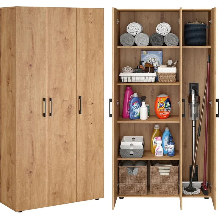 Bellamio 'Apol' Mehrzweckschrank, Eichenoptik, 176x33x90 cm, Putzschrank mit 3 Türen und 5 Regalen, Besenschrank mit Staubsaugerfach