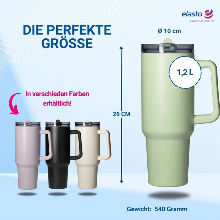 elasto Becher Edelstahl Trinkbecher mit Deckel und Strohhalm 1,2 Liter, isoliert, robust, für unterwegs – Bild 3