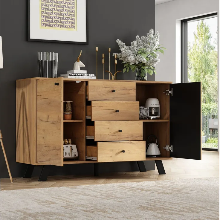 DESVIAE Sideboard mit 4 Schubladen und 2 Schränken 120x75x38 cm MDF Schwarz/Naturholz