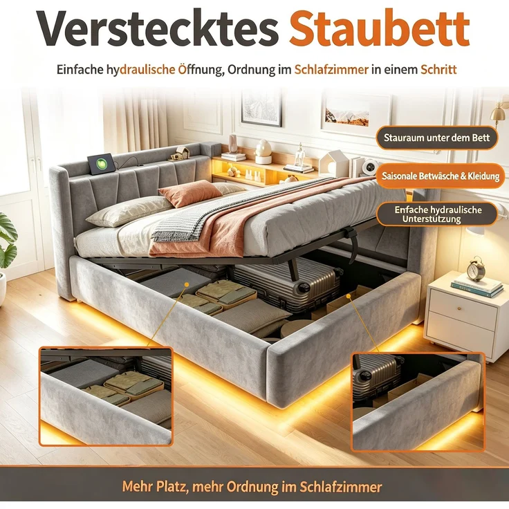 Schlafsofa Samt mit Stauraum, USB-Anschluss & LED, 140x200 cm, Grau, ohne Matratze – Bild 8