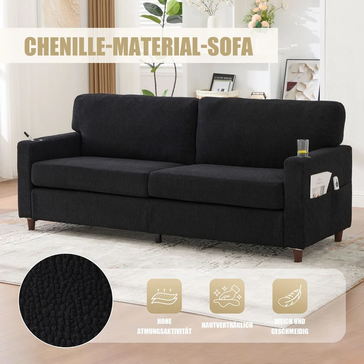 LVHOM 2-Sitzer Sofa mit USB&LED, Zweier Polstersofa Chenille Bezug, Loveseat mit Getränkehaltern, Doppelsofa Stoffsofa Loungesofa, Schwarz – Bild 8