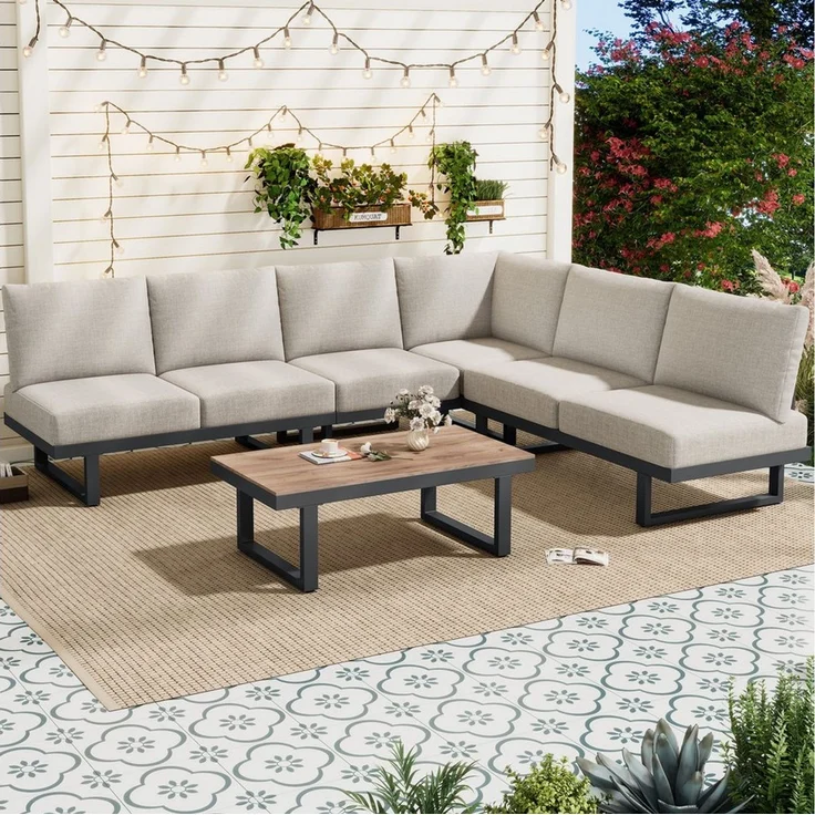 BBWL Gartenlounge-Set Ecksofa mit Liegebett Funktion,Couchtisch Glas,Graubeige, Gartenmöbel Lounge Set,Stahlrahmen,Outdoor Relaxbett wetterfest – Bild 1