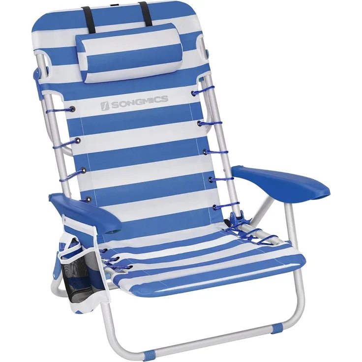 SONGMICS Strandstuhl, faltbar mit Schultergurt, verstellbarer Rückenlehne & Kopfstütze, Blau / Weiß