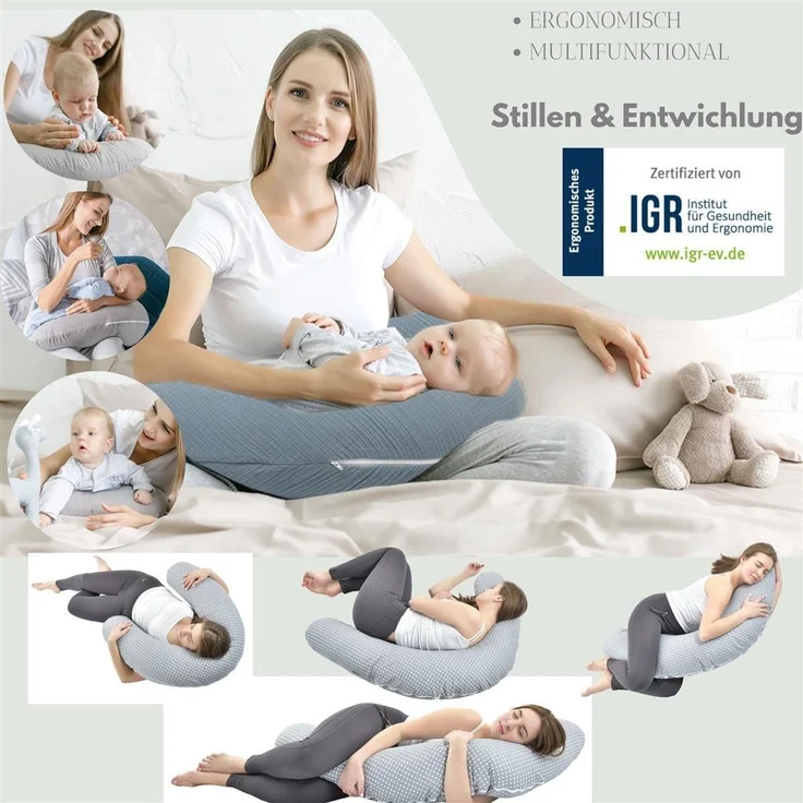 sei Design XXL Stillkissen ergonomisch 190x30, Schwangerschaftskissen Seitenschläferkissen Komfortkissen Erwachsene, Stillkissen-Bezug aus Jersey und Waffelstoff, Pregnancy Pillow Baby – Bild 5