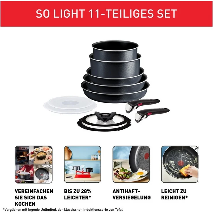 Tefal Topf-Set Ingenio So'Light, Topf und Pfannenset abnehmbarer Griff, stapelbar, Aluminium (Set, 11-tlg, 3x Pfannen 22/24/28cm, 2x Kasserollen 18/20cm, 4x Deckel, 2x Griffe), Light Tech Technology, platzsparend, induktionsgeeignet, L72393 – Bild 2
