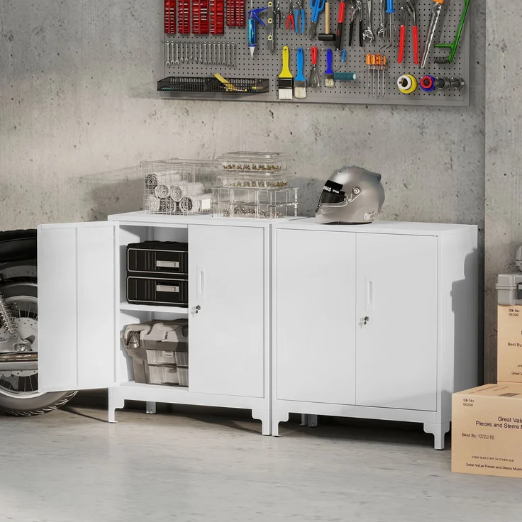 Büroschrank aus Metall, verschließbare Türen, Bürokommode, 2-stufiges Design, Weiß--Weiß--91x35x80cm--YOUDENOVA – Bild 9