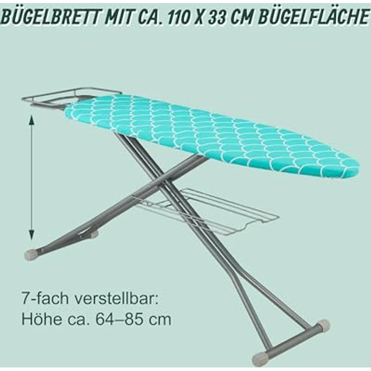 Relaxdays Bügelbrett für Dampfbügeleisen, 122 x 39,5 cm, höhenverstellbar in Türkis/Silber, klappbar mit Ablage – Bild 6