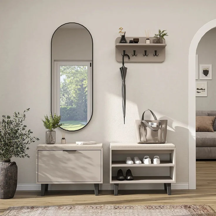 Roomart NORD Garderobenset 4-teilig – Sitzbank offen & mit Schuhklappe, Wandgarderobe & ovaler Spiegel – Flurgarderobe – H 53 x B 73.6 x T 35 cm (Sitzbank) • Beige – Bild 2