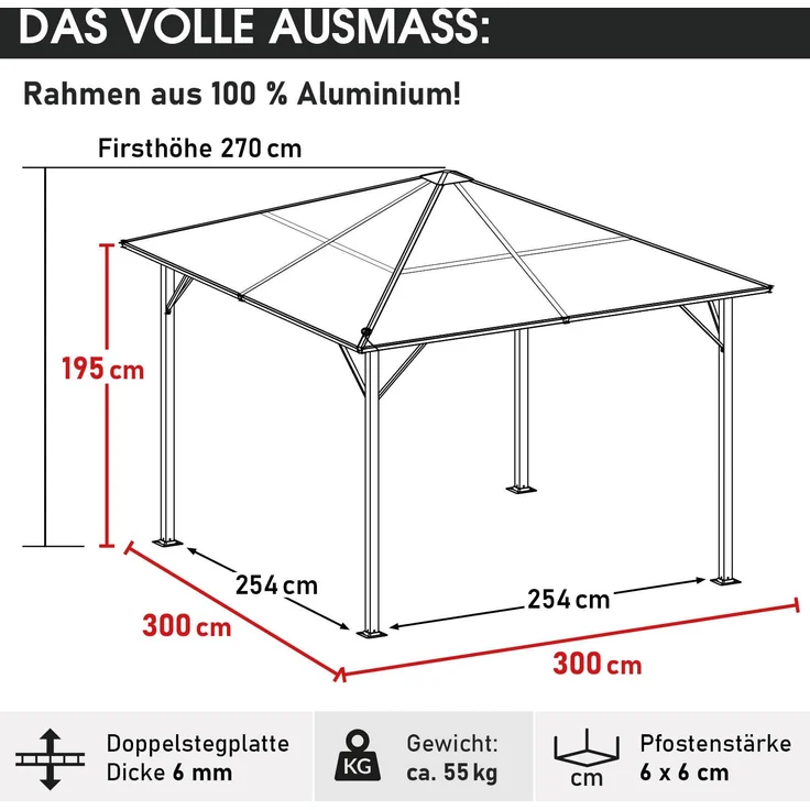 BRAST Alu-Pavillon Summerdream 3x3m grau festes Dach wasserdicht + Moskitonetz + LEDs – Bild 2