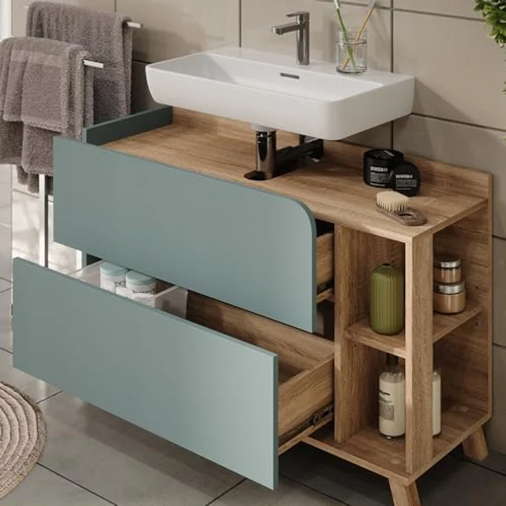 Vichy Badmöbel-Set Karen, 3-teilig, Sonoma/Blau, mit elegantem Waschbeckenunterschrank und geräumigem Spiegelschrank – Bild 4