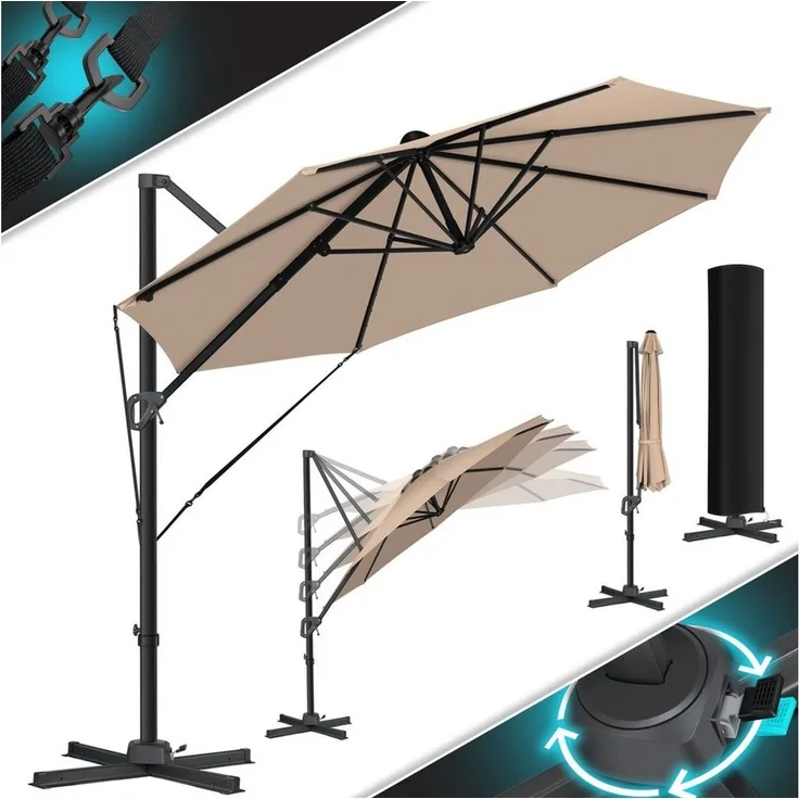KESSER® Sonnenschirm Ampelschirm SUN Rund XL Ø330 cm Inkl. Windschtzseile & Abdeckung 7-Fach Verstellbar Drehbar Neigbar Kippbar Groß 360° Drehbar Gartenschirm mit Kurbel Sonnenschutz UV50+ Taupe, Ohne LED