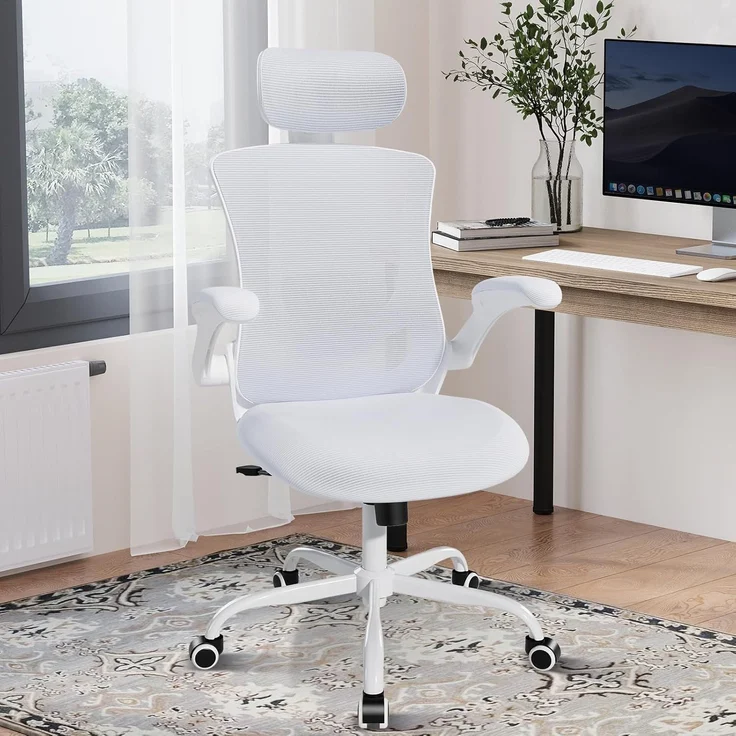 COLAMY Bürostuhl Ergonomisch, Netz-Schreibtischstuhl mit Verstellbarer Kopfstütze, Chefsessel Office Chair mit Lendenwirbelstütze, Verstellbarer Neigungsverschluss Drehstuhl, Weiß – Bild 2