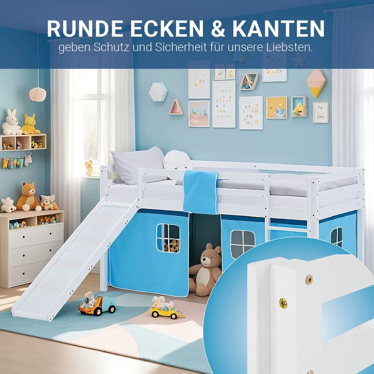 Hochbett Kinder 90x200 cm mit Rutsche Kinderbett Kinderhochbett Stockbett Vorhang Blau Leiter Holz Massiv – Bild 7