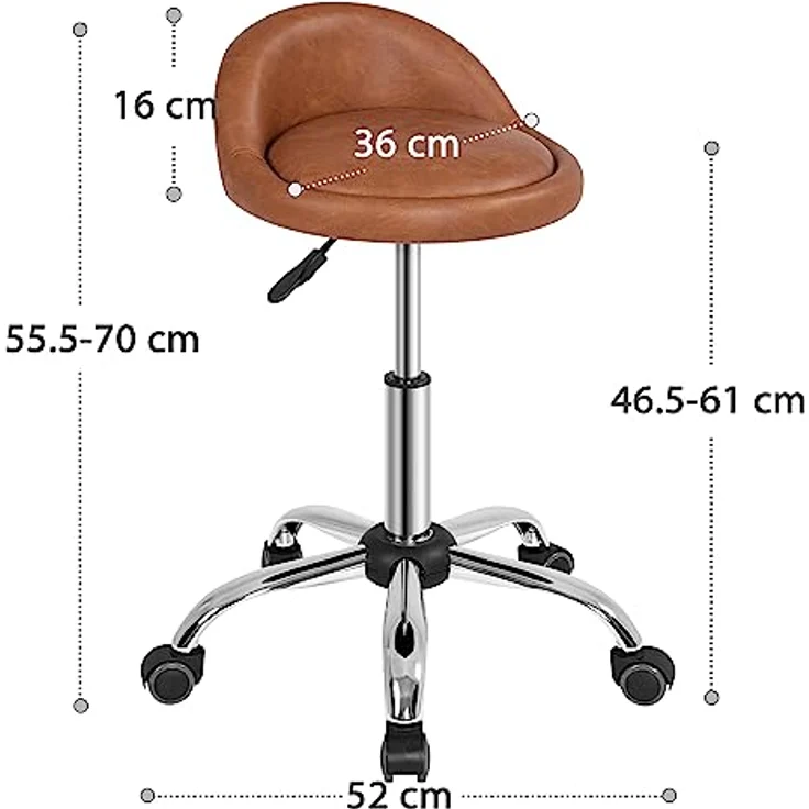 Yaheetech Rollhocker Bürohocker mit Rollen, Drehhocker mit niedriger Rückenlehne, Arbeitshocker Höhenverstellbar, Sitzhöhe 46,5-61 cm Braun – Bild 3