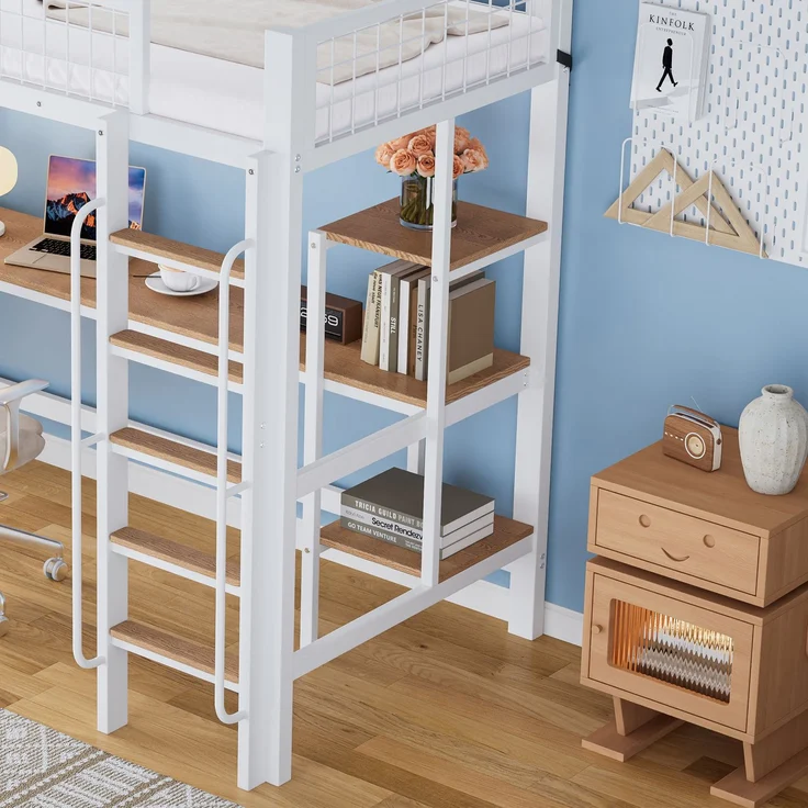 Etagenbett 90×200 cm mit Rausfallschutz, Schreibtisch und Regalen, Weiß/Natur, ohne Matratze – Bild 10