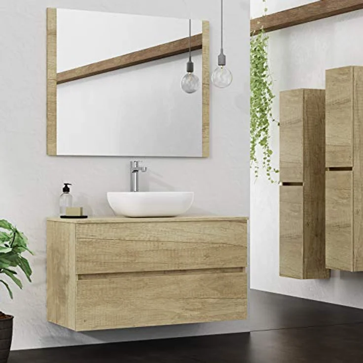 Baikal Onyx Badmöbel montiert, Möbel mit 2 Schubladen, Badezimmermöbel mit Waschbecken, Hängeschrank, Wandschrank, Keramikwaschbecken, inkl. Spiegel, 100 cm Nature – Bild 3