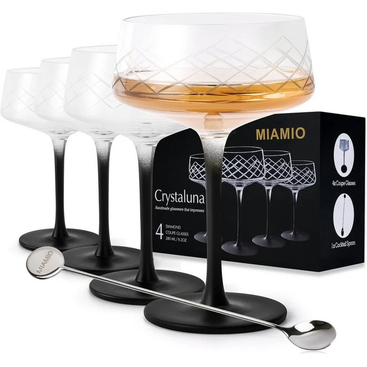 MiaMio Cocktailglas Crystaluna Coupe, 280 ml, schwarzer Stiel, 4-tlg, Glas, mit Barlöffel – Bild 2