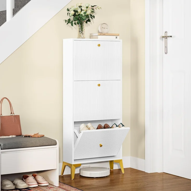 YITAHOME Schuhschrank Hoch mit 3 Schubladen, Schuhschrank Weiss,Schuhkipper Schmal mit Metallbeinen, Schuhkommode Schuhregal für Flur Eingangsbereich Wohnzimmer, Schlafzimmer, 20 x 50 x 118.5 cm – Bild 1