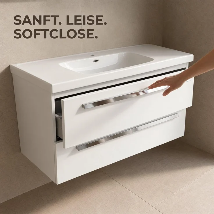 BADEDU TESSANO Waschbecken mit Unterschrank 120 cm breit, Weiß, Waschbecken Keramik Weiß – Bild 5