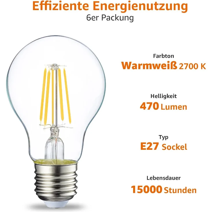 Amazon Basics LED-Leuchtmittel, Edison-Sockel E27, 4,3 W (entspricht 40-W-Glühbirne), nicht dimmbar, klares Filament, 6 Stück (1er Pack), Warmweiß – Bild 3
