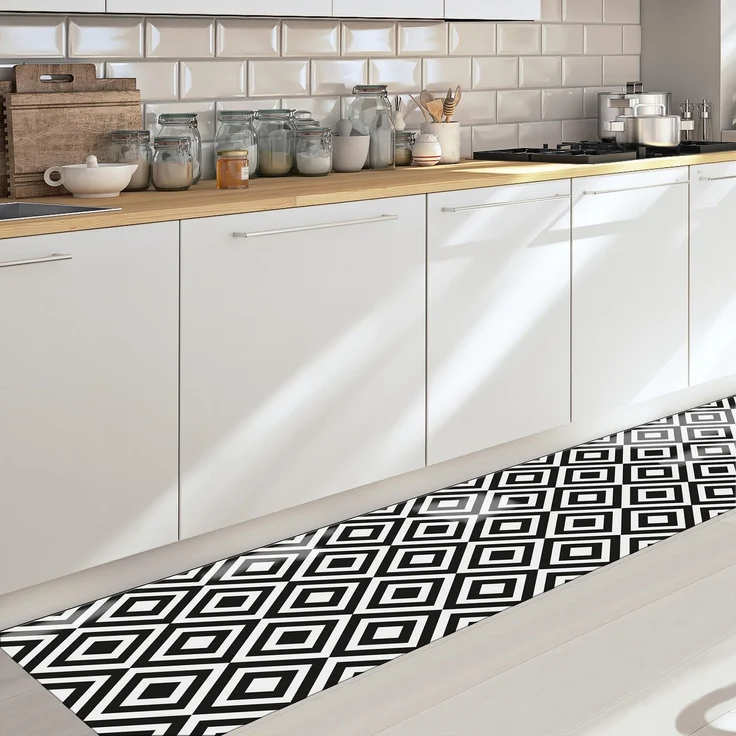 CREARREDA Läufer Teppich Küchenteppich Black & White 50x180 Isolierend, feuerhemmend, Kratzfest, hypoallergen, leicht zu waschender Vinyl Teppich. Komplett in Italien hergestellt